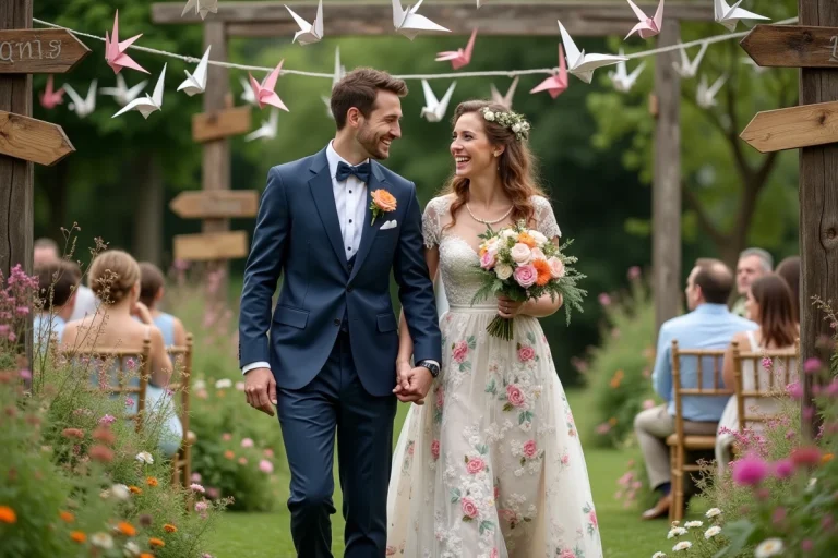 Jeune couple de mariés dans un jardin coloré