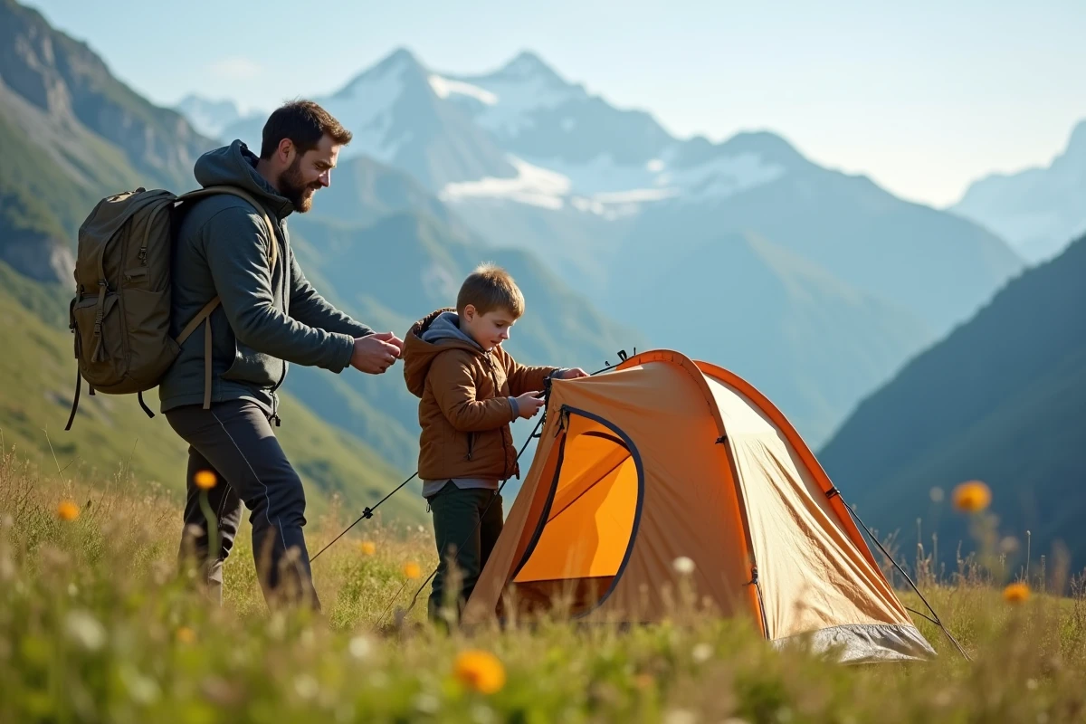 Père et fils montant une tente ensemble dans un pré alpin fleuri avec des sommets enneigés en arrière-plan, aventure familiale en montagne