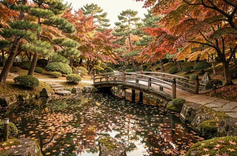 Pont japonais en bois courbé au-dessus d'un étang reflétant les feuilles d'automne dorées dans le parc de Maulévier