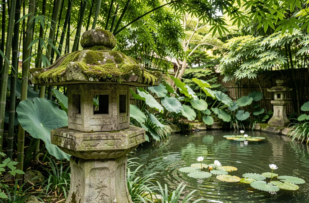 Lanterne japonaise en pierre couverte de mousse au bord d'un étang verdoyant en été dans le parc de Maulévier