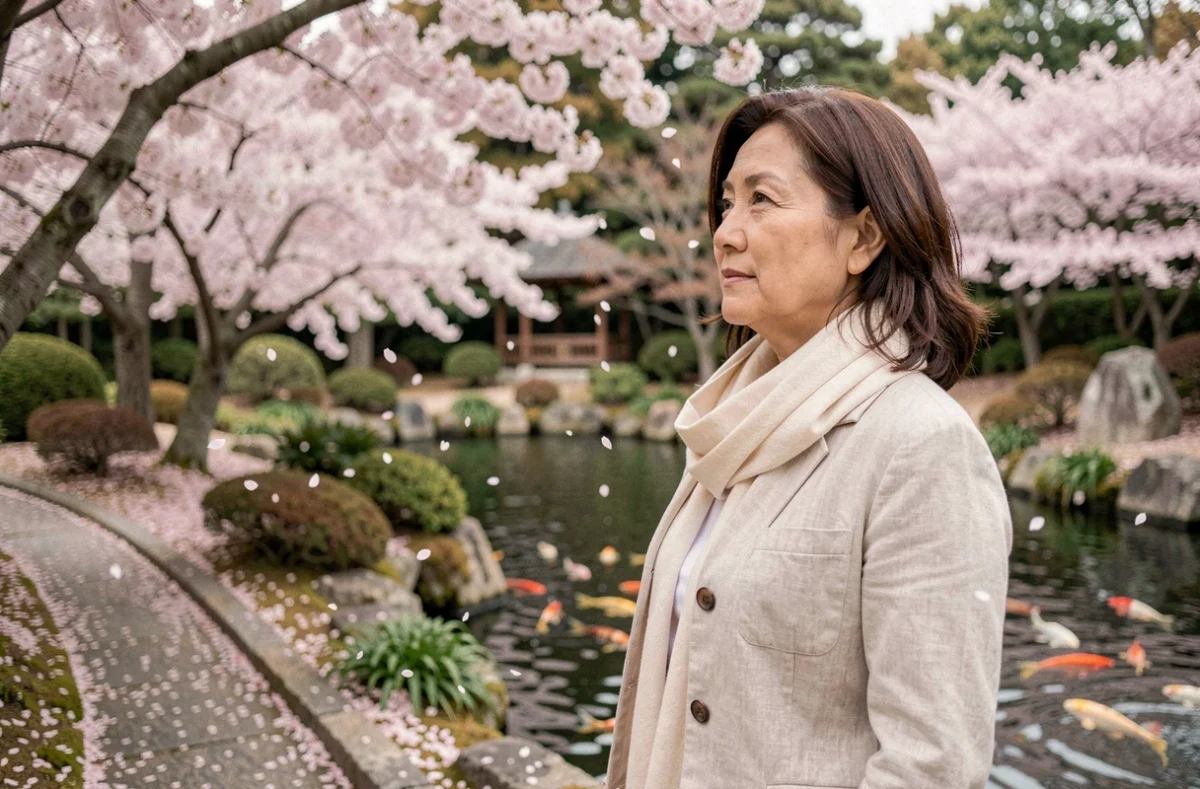 Femme se promenant dans le parc japonais de Maulévier au printemps sous les cerisiers en fleurs