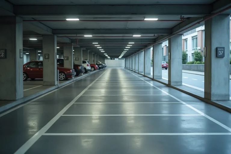 Parking souterrain en copropriété avec places numérotées et lignes blanches peintes sur sol en béton