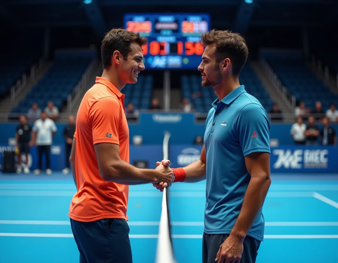 Deux joueurs de tennis se serrant la main au filet après un match sur un court intérieur lors d'un tournoi ATP 500