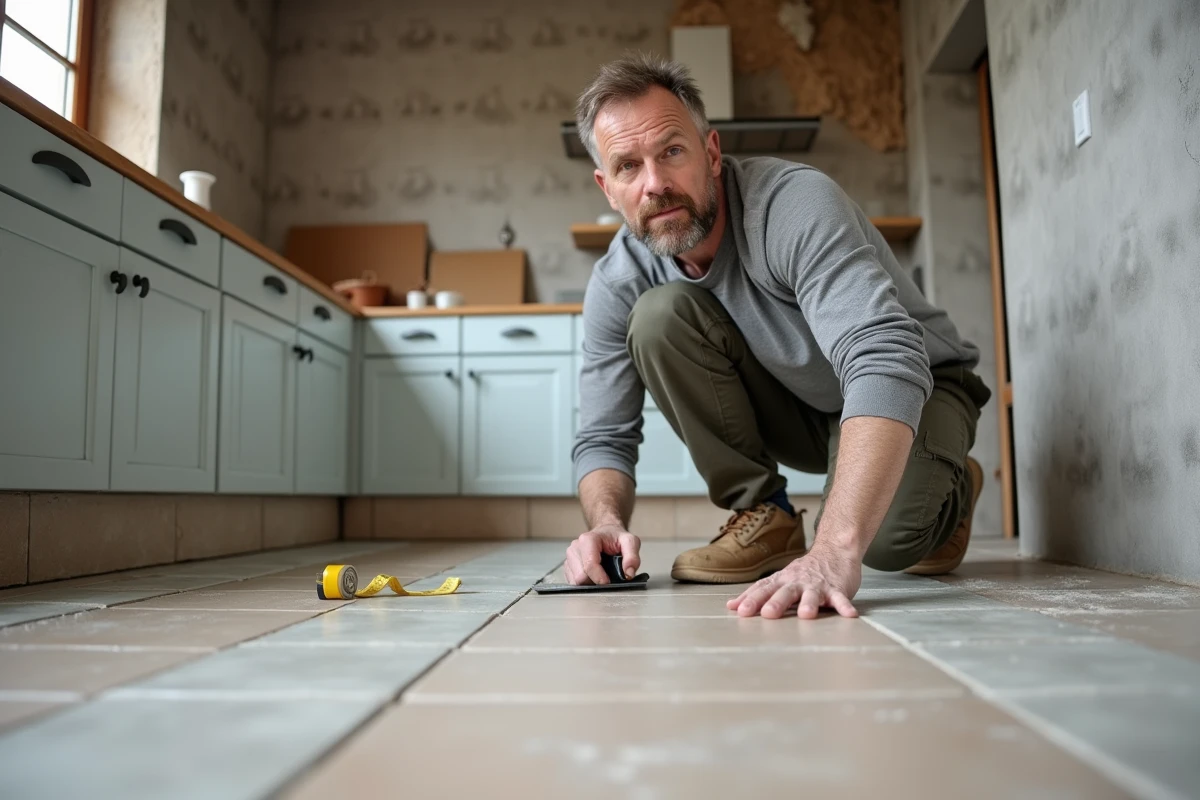 Homme posant du carrelage en grès cérame dans une cuisine en cours de rénovation