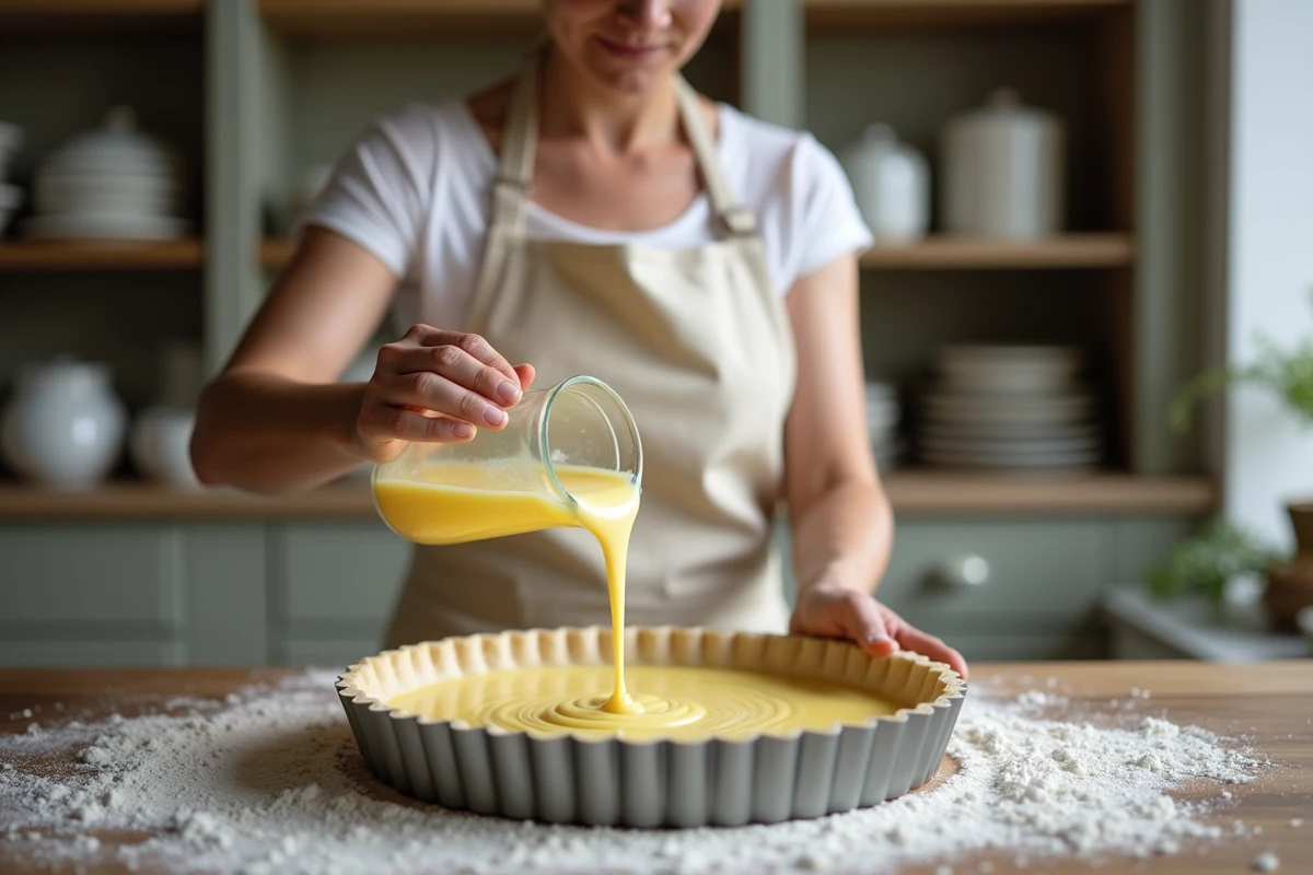 Femme versant l'appareil à quiche dans un moule à tarte pendant la préparation d'une quiche lorraine maison