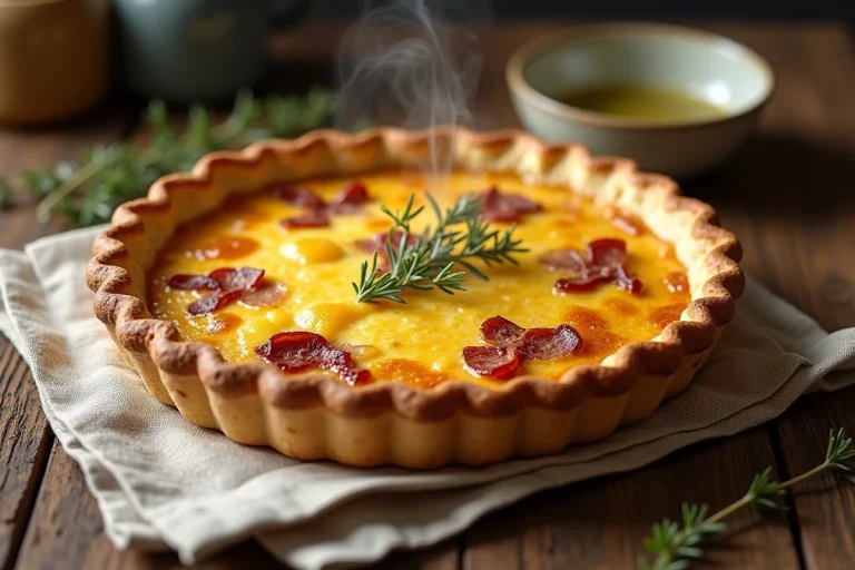 Quiche lorraine maison dorée sortant du four dans un moule à tarte en céramique sur table en bois rustique