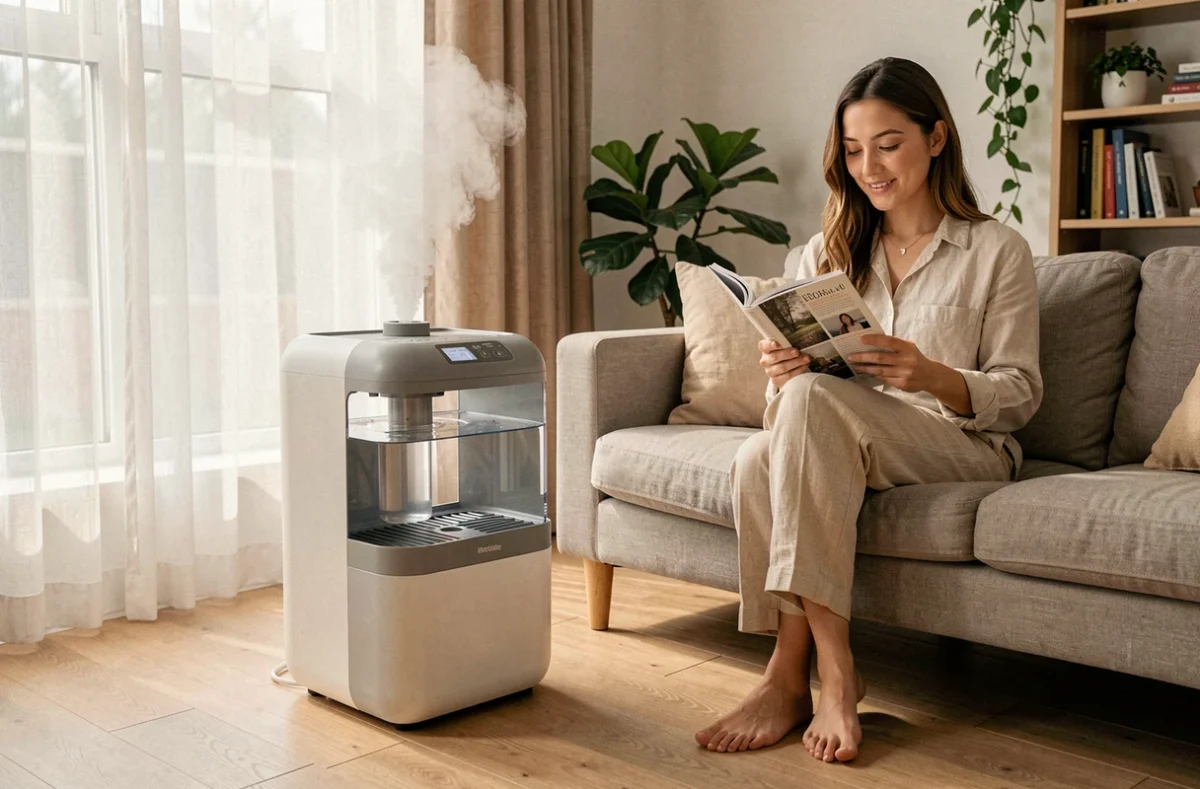 Rafraîchisseur d'air portable posé dans un salon moderne avec une femme qui se détend sur un canapé
