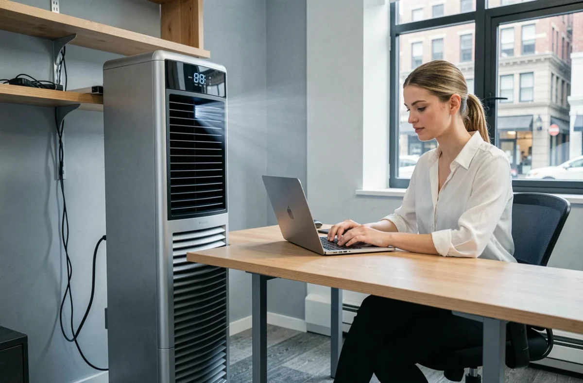 Rafraîchisseur d'air tour dans un bureau à domicile minimaliste avec une femme travaillant sur ordinateur portable