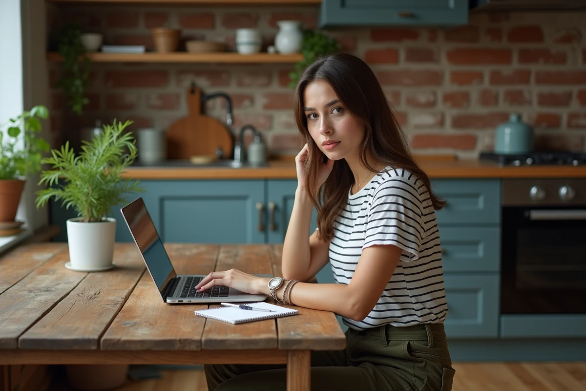Jeune femme recherchant des meubles gratuits sur un site d'annonces depuis son appartement
