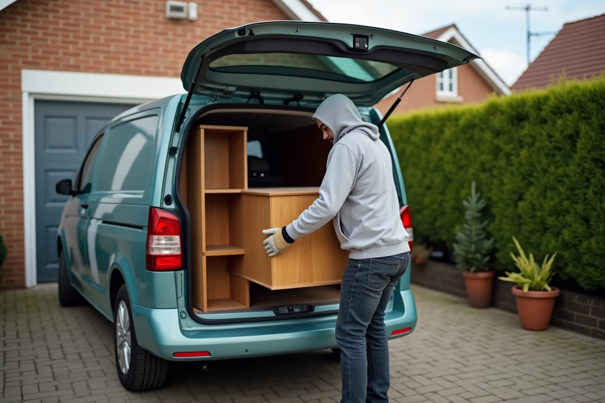 Homme chargeant une bibliothèque en bois gratuite dans un van lors d'une récupération de meuble