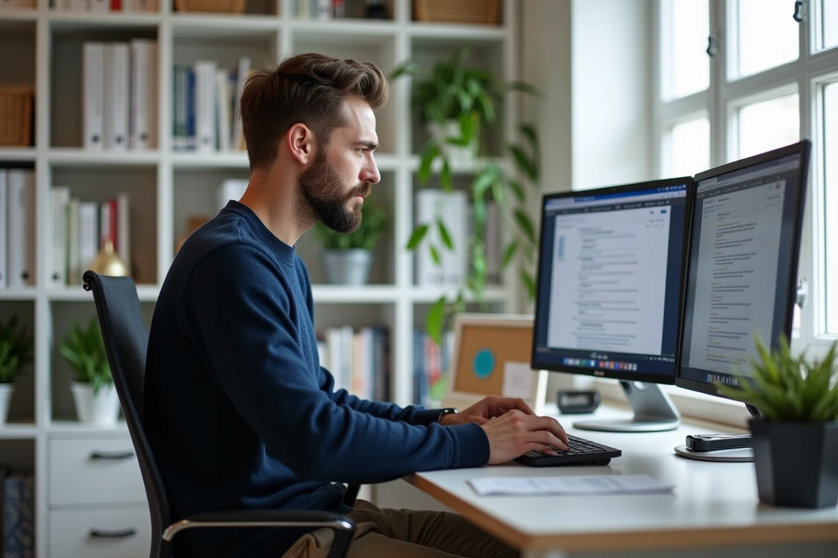 Rédacteur web travaillant sur du contenu optimisé SEO depuis son bureau à domicile pour améliorer la performance d'entreprise