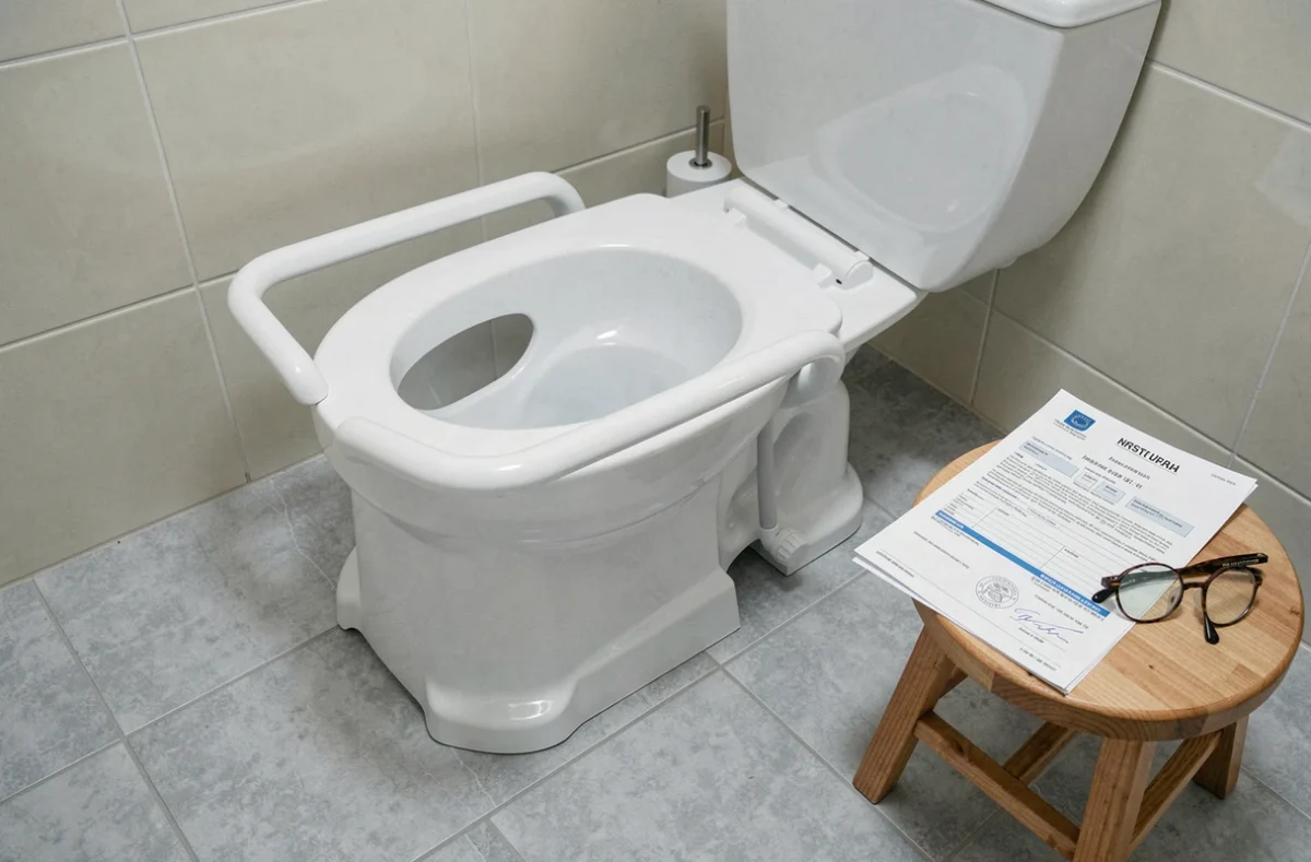 Rehausseur de WC avec accoudoirs installé dans une salle de bain adaptée avec les documents de remboursement Sécurité sociale posés à côté