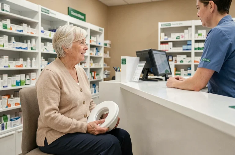 Une femme senior tient un rehausseur de WC dans une pharmacie lors d'une consultation avec un pharmacien pour son remboursement