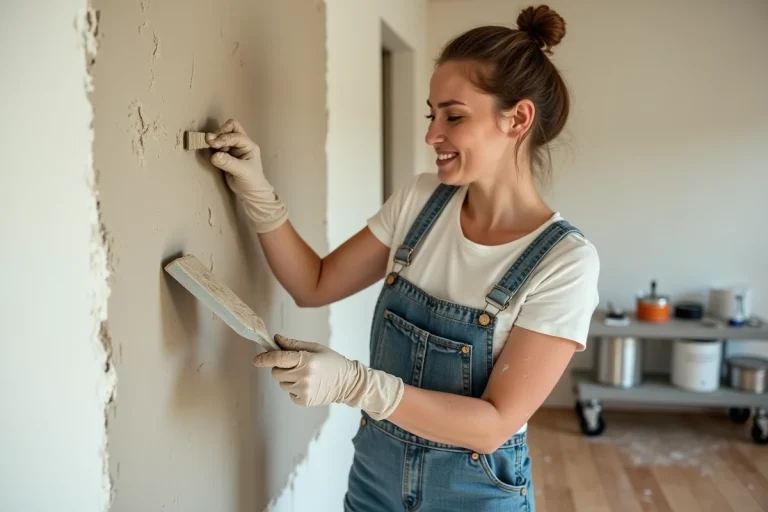 Femme en salopette rénovant un mur intérieur avec un couteau à enduire lors de travaux de rénovation maison