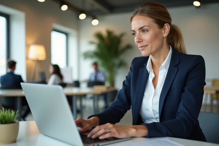 Responsable RH utilisant Arena Académie Amiens sur un ordinateur portable dans un bureau moderne pour la gestion administrative du personnel