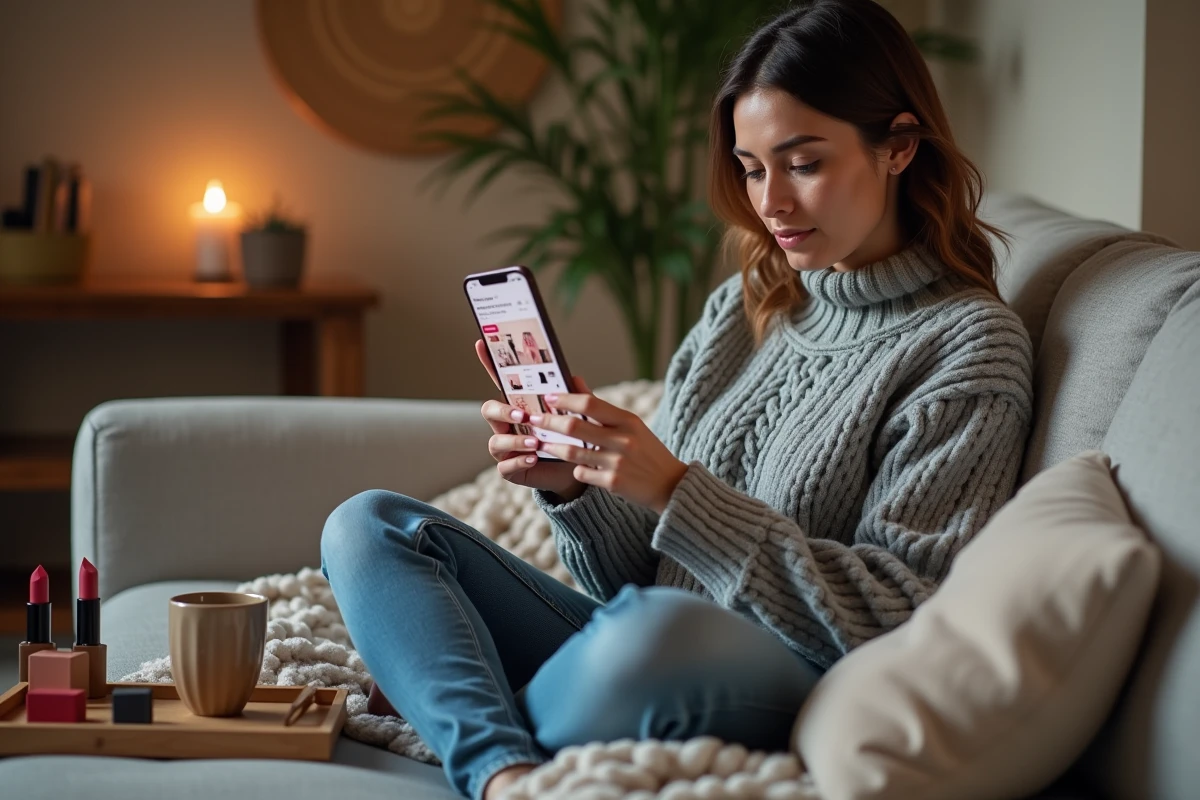 Femme détendue sur un canapé consultant une application de shopping beauté sur son smartphone entourée de produits cosmétiques