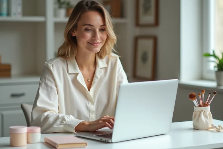Jeune femme parcourant une boutique beauté en ligne depuis son bureau avec des produits cosmétiques soigneusement disposés autour d'elle
