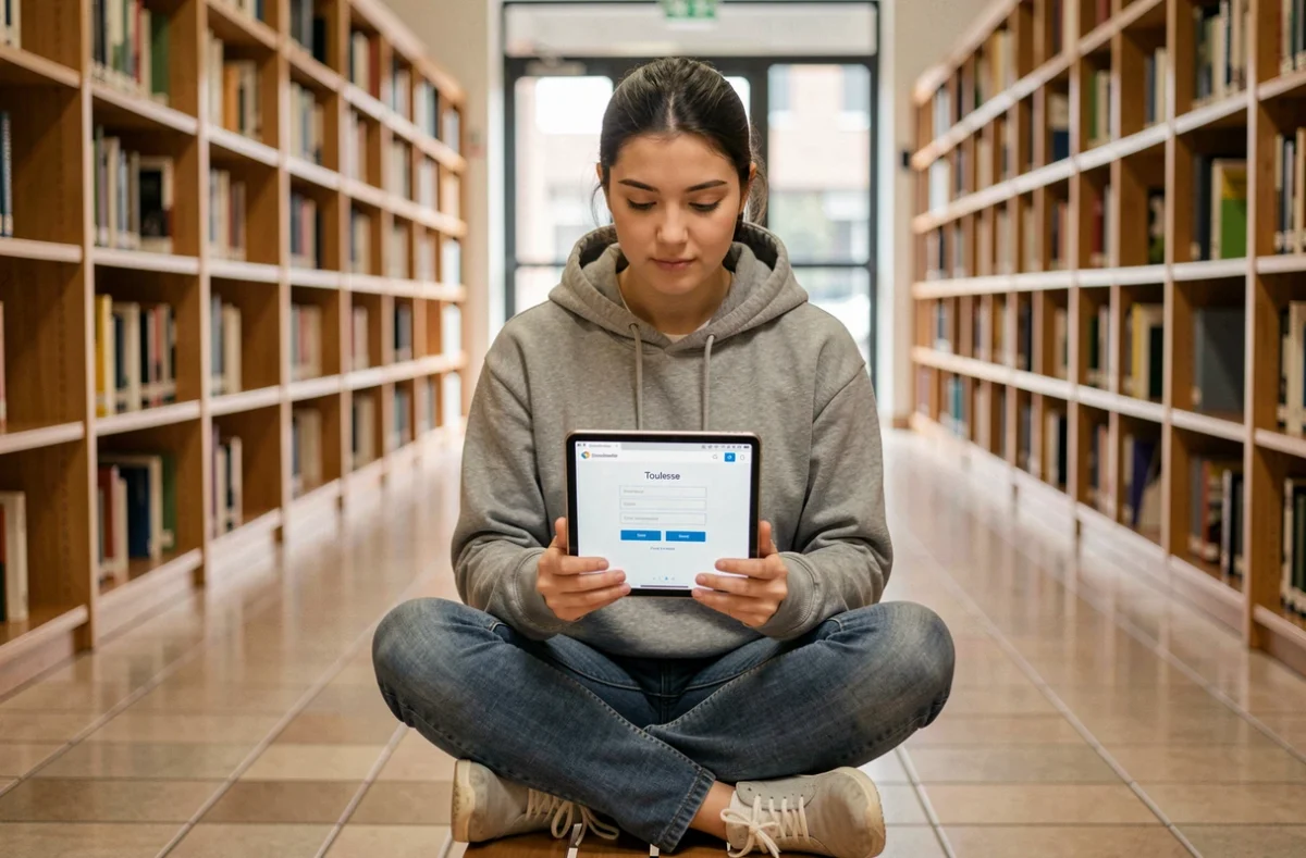 Jeune stagiaire consultant la messagerie Convergence de l'Académie de Toulouse sur une tablette dans une bibliothèque universitaire