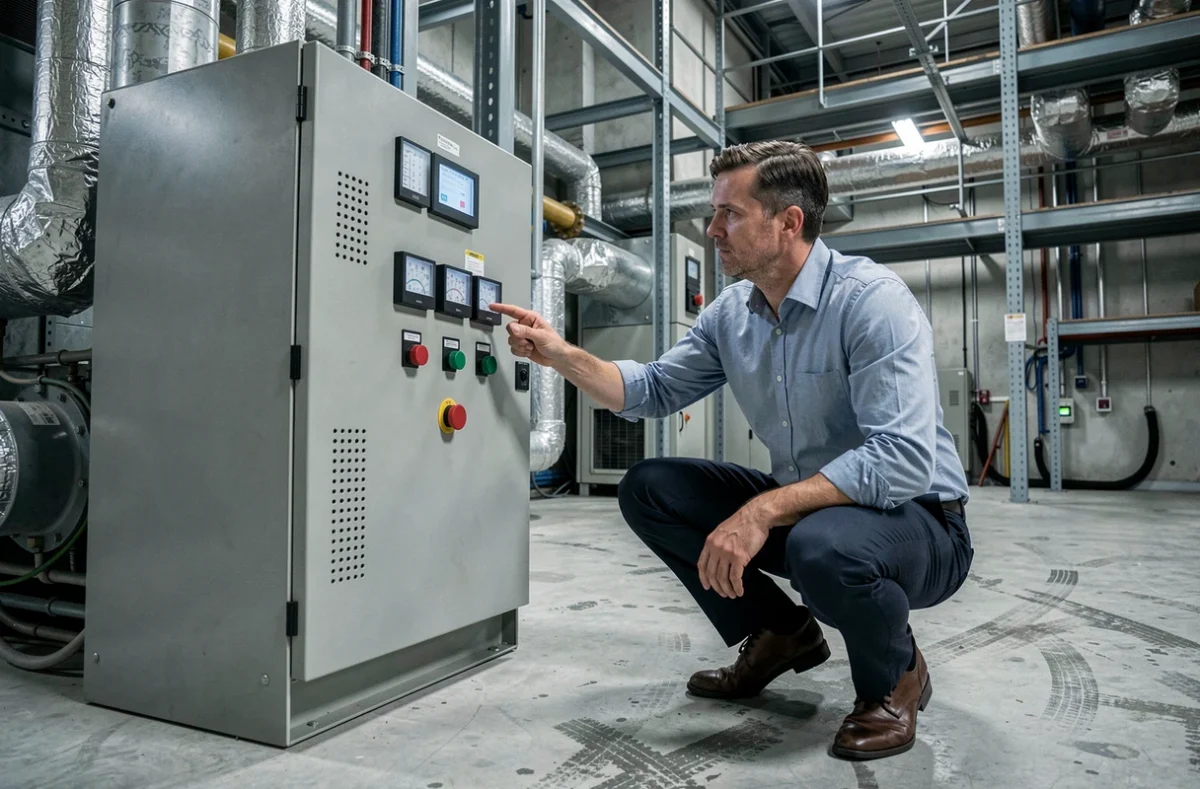 Technicien inspectant les équipements énergétiques d'un bâtiment tertiaire pour la mise en conformité réglementaire