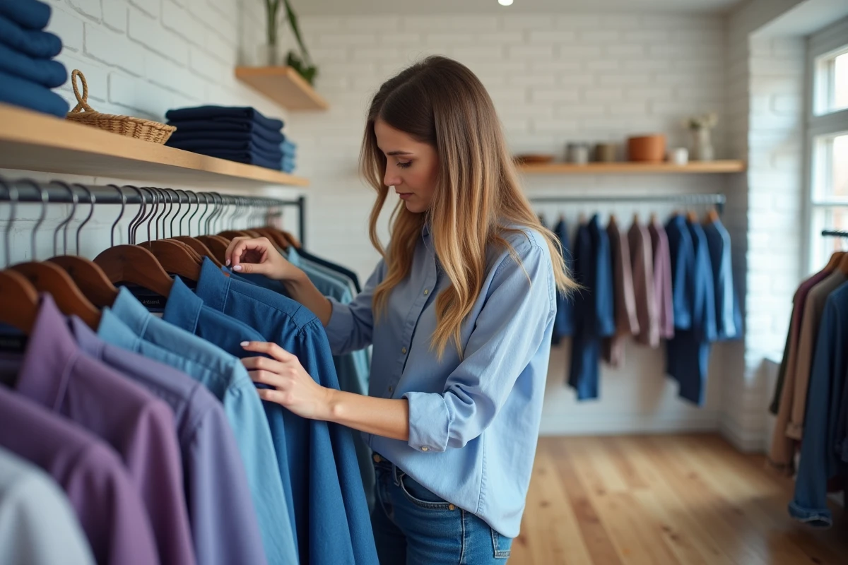 Femme parcourant des vêtements bleus et violets dans une boutique de mode minimaliste, ambiance éditoriale moderne