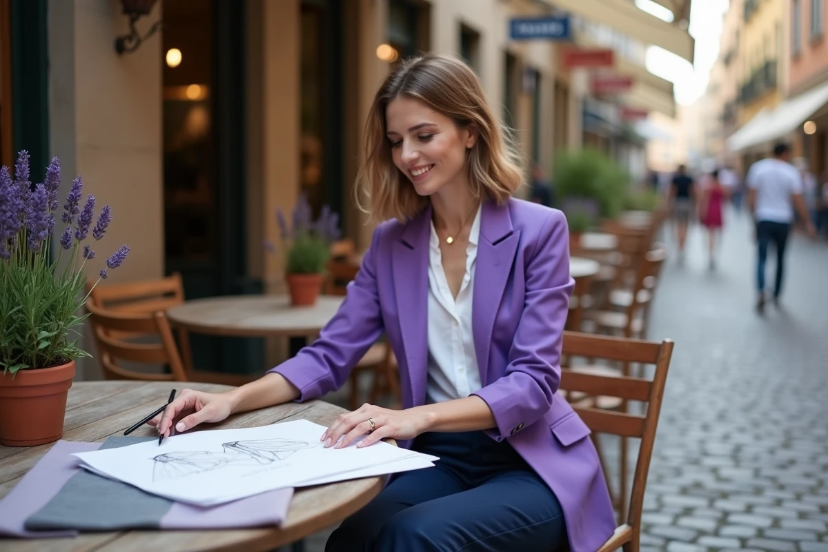 Femme créatrice de mode en blazer violet et pantalon indigo travaillant sur des croquis dans un café en terrasse