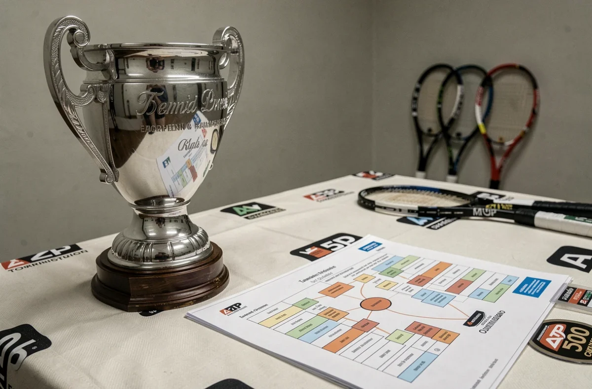 Trophée de tournoi ATP 500 et tableau de tirage au sort présentés dans une salle officielle de gestion de compétition de tennis