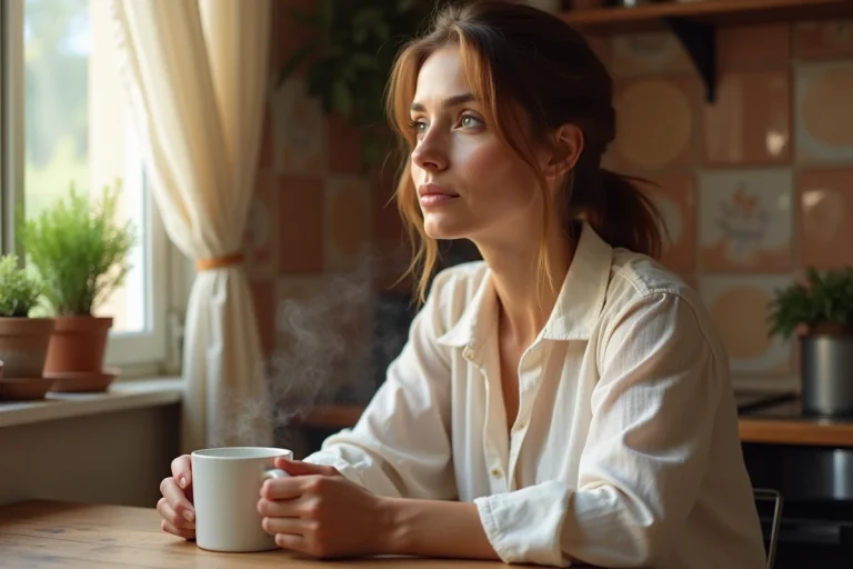 Femme française pensive dans une cuisine chaleureuse, illustrant la vie privée et l'intimité familiale