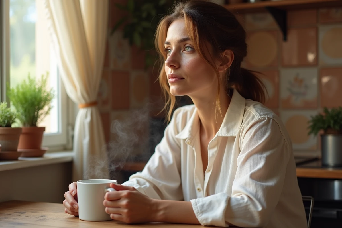 Femme française pensive dans une cuisine chaleureuse, illustrant la vie privée et l'intimité familiale
